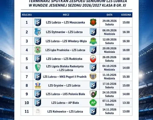 LZS Lubrza publikuje terminarz rundy jesiennej w klasie B