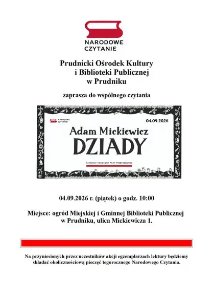 Narodowe Czytanie 2026 w Prudniku: Wspólne spotkanie z „Dziadami”