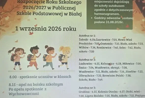 Rozpoczęcie roku szkolnego 2026/2027 w PSP Biała – plan uroczystości i rozkład autobusów