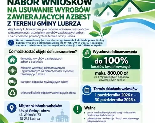 Gmina Lubrza dofinansuje usuwanie azbestu – nabór wniosków od 1 października