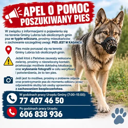 Pilne: Pies błąka się po Gminie Lubrza — potrzebna pomoc w schwytaniu