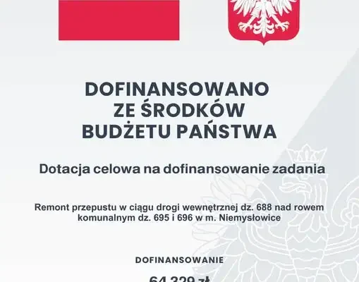 Zakończono remont przepustu w Niemysłowicach. Inwestycja w całości sfinansowana z budżetu państwa