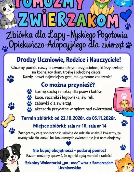 Nysa: szkolna zbiórka dla bezdomnych zwierząt z Pogotowia ŁAPA trwa do 5 listopada