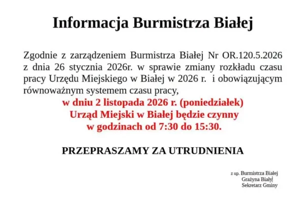 Urząd Miejski w Białej 2 listopada czynny krócej – do 15:30