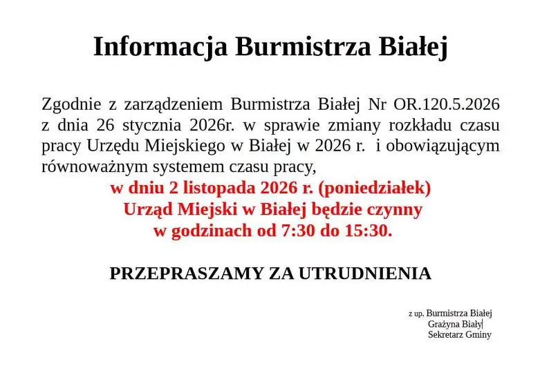 Urząd Miejski w Białej 2 listopada czynny krócej – do 15:30
